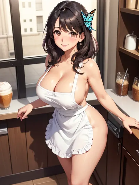 1girl, solo, black hair, butterfly hair ornament, (naked:1.3), (white apron), large breasts, cleavage, thighs, cafe background, (blushing:1.3),brown eyes, Carla Yeager , smiling, standing, realistic eyes, perfect shaped beautiful body