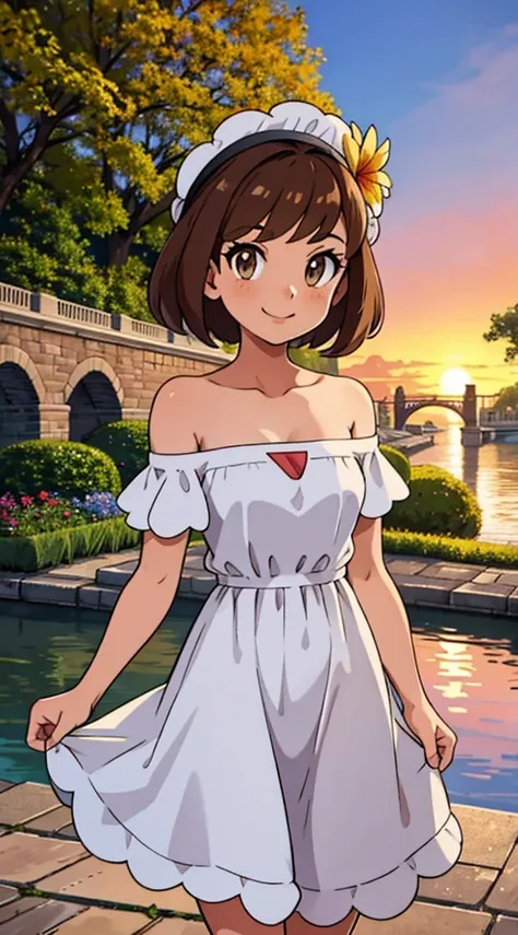 Bianca (pokemon heroes), 1 girl, solo, short hair, brown hair, brown eyes, bare shoulders, strapless, off shoulders, ruffle off the shoulder top, white maxi dress, close up headshot, intricate details, sharp focus, high resolution, the background of beauti...