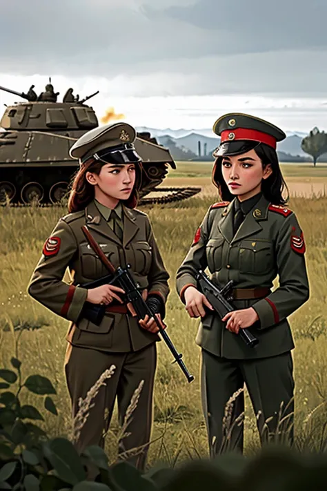 girls in second world war military uniform, holding weapons, on the battlefield