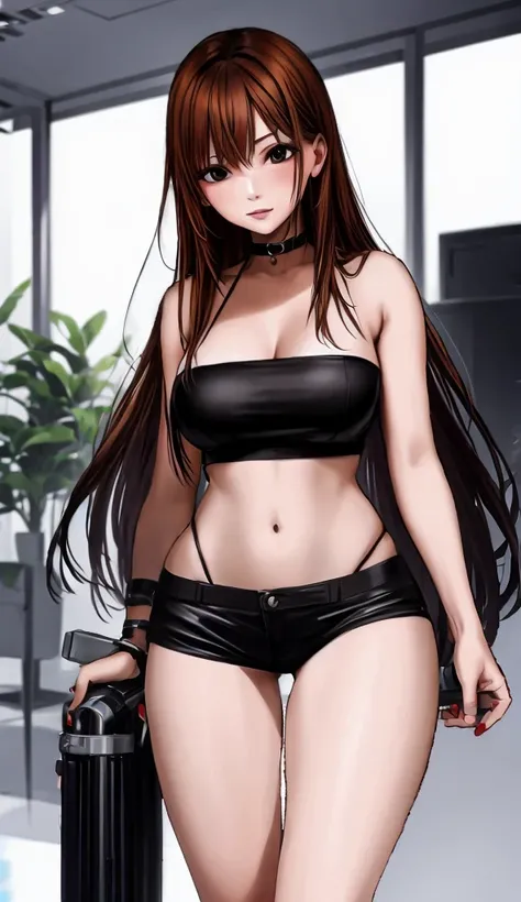 A beautiful adult woman with long, shoulder-length hair, big breasts, beautiful legs, and a sharp face is standing in a supermarket wearing a black tube top that exposes her navel and black micro-hot pants that look like panties.。