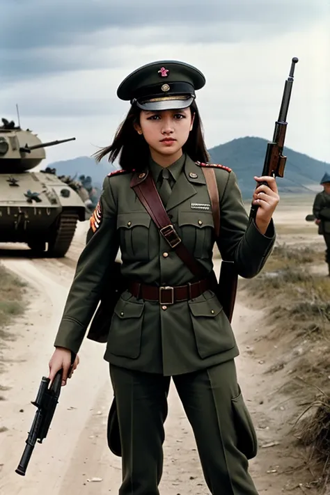 girls in second world war military uniform, holding weapons, on the battlefield