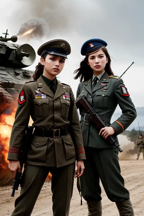 girls in second world war military uniform, holding weapons, on the battlefield