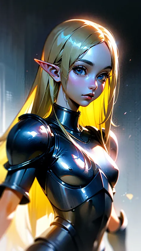 RAW, professional photograph, medium shot, photorealistic, hyper-realistic, ray tracing, super detail, UHD, 8k, female elf, stainless steel armor, twenty years old, athletic body, flat chest, soft facial features, long hair, straight hair, blonde hair,  bl...