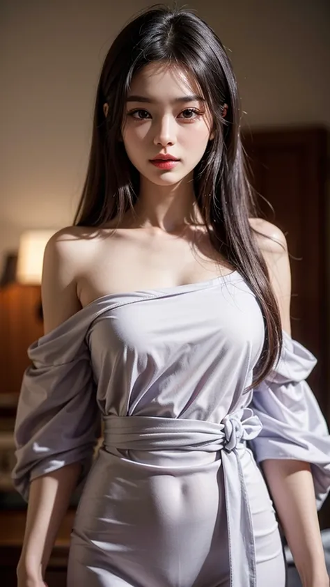 A disheveled (purple long hair) beauty, Zhang Tianai, with gray hair, slender figure, beautiful body, golden waist to hip ratio, high image quality, masterpiece, off waist, off shoulder, masters work, wearing purple fashionable womens clothing, exquisite c...