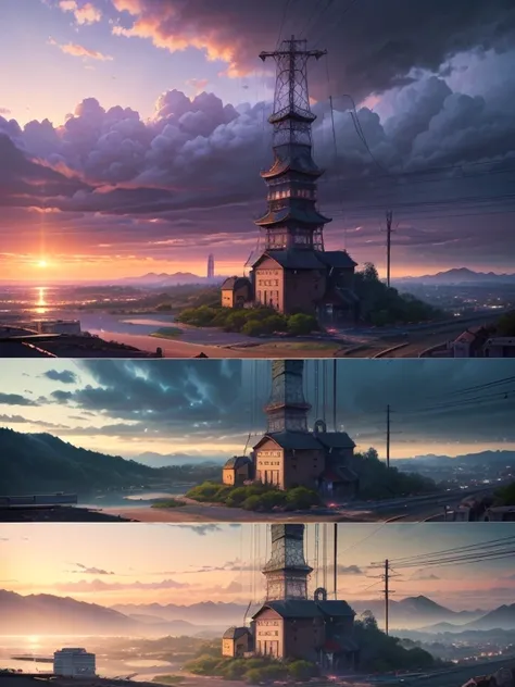 (best quality,4k,8k,highres,masterpiece:1.2),ultra-detailed,(realistic,photorealistic,photo-realistic:1.37), vivid colors, sharp focus, anime, landscape, buildings, Amegakure, towers, sunrise, heavy rain, purple sky clouds, cables, pipe, electricity, fog, ...