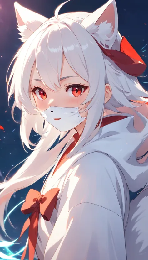 anime girl with white hair and a white mask with red designs, with kitsune mask, artwork in the style of guweiz, stunning anime face portrait, white cat girl, guweiz, trending on cgstation, realistic anime 3 d style, kitsune mask, kitsune mask on head, bea...