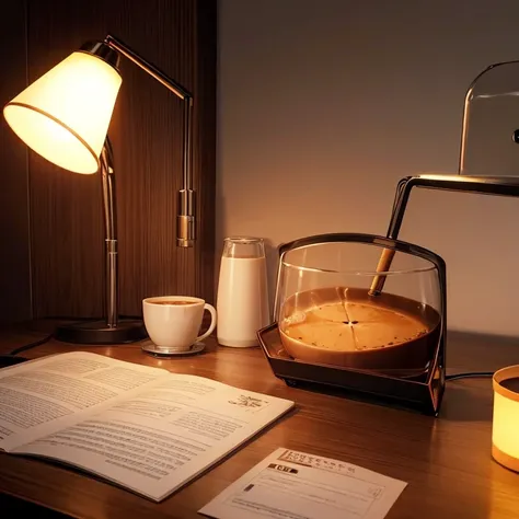 Hot coffee is placed on the desk in the dark, lit by a desk lamp.。