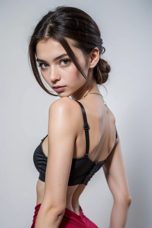 beautiful brunette, 19years old, square hairstyle, in a super mario costume, posing on a white background