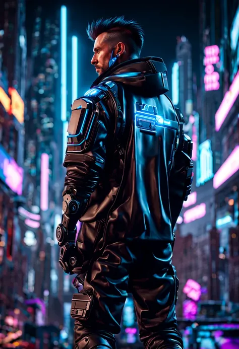 Generate a hyperrealistic 4K image of a cyberpunk guy protagonist navigating a futuristic cityscape. Emphasize detailed, professional-grade 3D rendering with HDR effects and UHD resolution. The character should be intricately designed with cybernetic enhan...