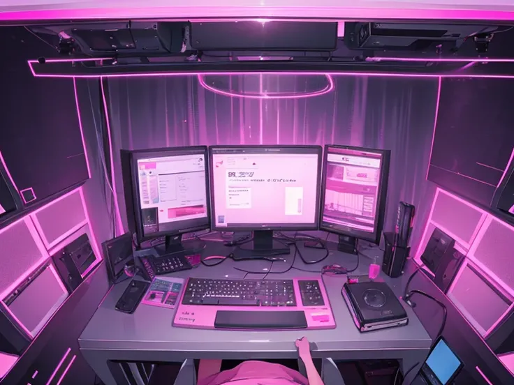 in a room with pink lights and large monitor,pov,hand on keyboard