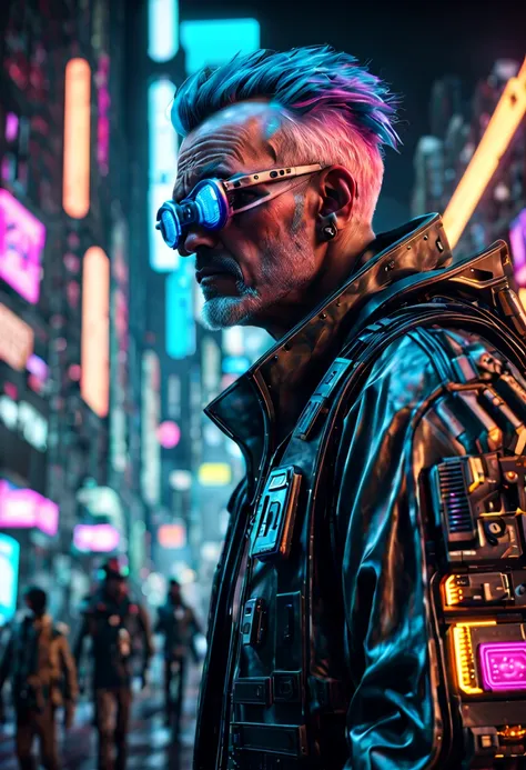 generate a hyperrealistic 4k image of a cyberpunk aged man protagonist navigating a futuristic cityscape. emphasize detailed, pr...