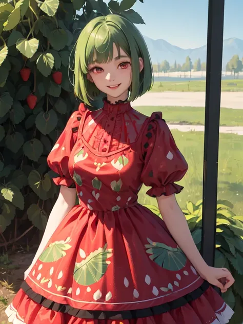 1 female, alone, young girl, 16 years old, bob cut green hair, dull bangs, red eyes, (smile), (Masterpiece quality:1.2) delicate illustrations, super detailed, medium breasts, ((whole body)), (Strawberry-patterned dress), plateau、outdoor、Red clothes