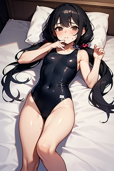 A beautiful girl with black hair and brown eyes. She is wearing a one-piece swimsuit in a bedroom. Her hair is styled in twin tails, and she has a flat chest. Her eyes are half-closed with a rolling eye expression, and she has a slight blush on her cheeks....