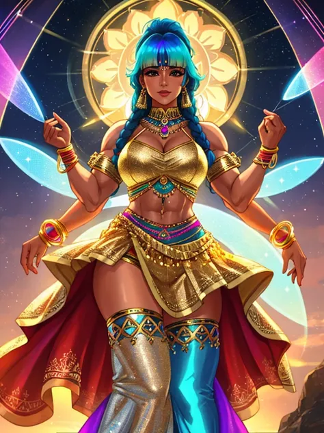 best quality, realistic, hologram of a beautiful older indian ifbb, four arms, multple arms, cybernetic hair, gold top, iridescent skirt, translucent skirt