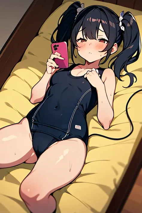 1girl, ,testicles,black hair,brown eyes,,one-piece swimsuit,in bedroom, ,school swimsuit,twin tail,flat creast,half-closed eyes,rolling eye,blush,sweat,heavy breathing,masterpiece,lie,(((smartphone))),anime,