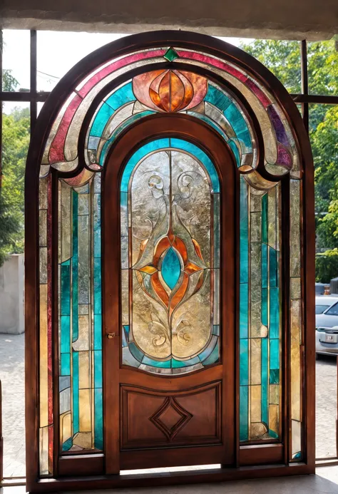 .Art Deco/art deco/bent.Rich man&#39;s house door with wooden frame(masterpiece, top quality, best quality,official art, Beautiful and beautiful:1.2),Delicate, elegant and noble.Premium topBREAK stained glass art, stained glass, Lead wire, TranslucencyBREA...