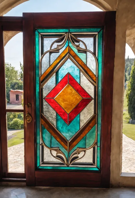 .Art Deco/art deco/bent.Rich man&#39;s house door with wooden frame(masterpiece, top quality, best quality,official art, Beautiful and beautiful:1.2),Delicate, elegant and noble.Premium topBREAK stained glass art, stained glass, Lead wire, TranslucencyBREA...