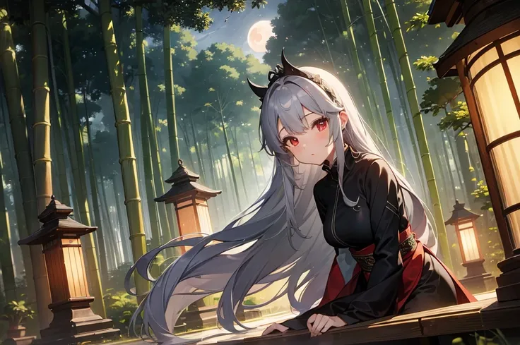 (best quality), (masterpiece), One female, gray hair, Patsun long hair, gossiper, red eyes, Princess, Bamboo forest with big moon in the background