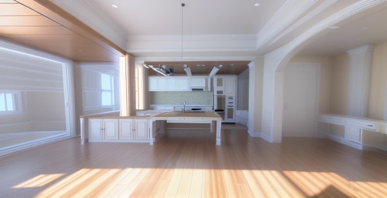 A picture of a kitchen with a large island and dining table, 3d rendering, 3d rendering, 3d rendering, 3d rendering, orthographic 3d rendering, 3D rendering, 详细的 3d rendering, 详细的 3d rendering, pre-rendered, 高细节 3d rendering, sketch, 3d wireframe, Detailed...