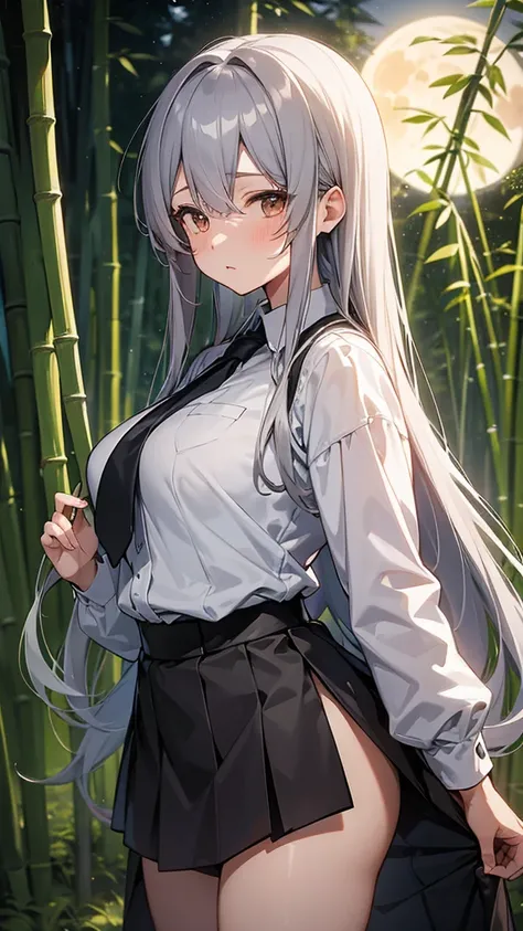 (best quality), (masterpiece), One female, gray hair, Ragged long hair, gossiper, uniform, Bamboo forest with big moon in the background