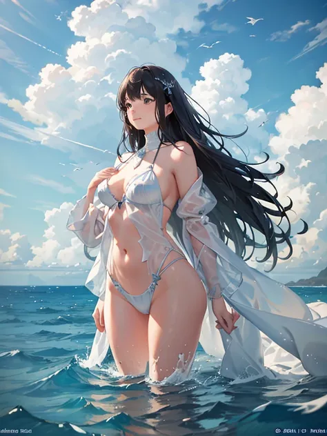 Masterpiece, realistic scene, the sea stretching out to the horizon, waves gently crashing against the shore, reflections shimmering on the surface. Above, clouds of various shapes and sizes drift lazily in the bright, sky-blue sky. Ultra-detailed, high re...