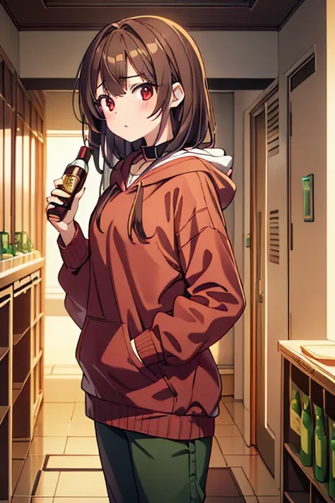 About 16 ~ 19 year old girl，red eyes，brown hair，white skin，Wear a green hoodie，Bring a few bottles of reagents，Brown pants，Holding a golden flower in hand，There is a blush，Two-dimensional style，Standing in the laboratory corridor，The expression is gloomy。
