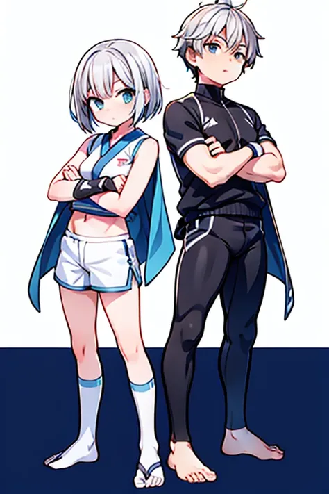 sports student，juvenile，18-year-old Japanese cartoon characters，white socks，boys，White three-quarter shorts，cute，muscle，white shorts，handsome，standing posture，Best quality for gray hair，Picture drawing of character whole body