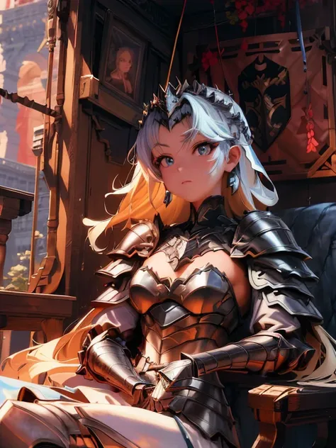 a close up of a woman in armor sitting on a chair, rossdraws 1. 0, :: rossdraws, rossdraws portrait, rossdraws sakimimichan, ros...