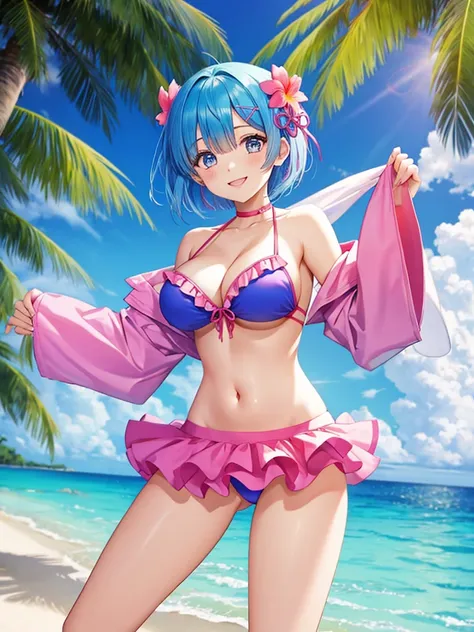 Re:zero,2 girls,(one girl:Rem,blue hair, short hair),(other girls:rum,pink hair, short hair) ,Big breasts stand on a tropical beach in the Maldives。Sparkling, colorful, Floral, (She is wearing an off-shoulder bikini and a flared short skirt.), smile at the...