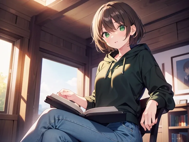 masterpiece, best quality, 1 girl, brown short cut hair, green eyes, wear black hoodie and farmer jeans, in the room, sitting on...