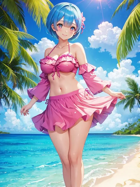 Re:zero,2 girls(one girl:Rem,blue hair, short hair)(Other Girls:rum,pink hair, short hair) ,Big breasts standing on a tropical beach in the Maldives。Sparkling, colorful, Floral, (She wears an off-shoulder bikini and a short flared skirt.), smile, at the vi...