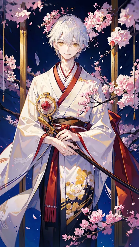 1Young man, male photo, solo,slender body,gently smile, layer cute, short hair, silver hair, yellow eyes, white Kimono,Japanese style,cherry blossoms bloom,old shrine at night,best quality, masterpiece, ultra detailed,8K 