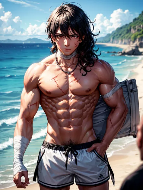 young male, beach shorts, ((beach shorts)), ((male: black hair, wavy_hair, red eyes, muscular body, aesthetic body)), hd, 8k, high definition, high quality, beach background, look at viewer, students behind him, detailed beach background with a ocean, (((M...