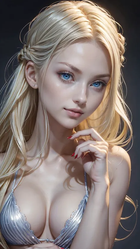 (highest quality, High resolution, masterpiece :1.3), 25-year-old Caucasian woman、platinum blonde、blue eyes、semi-long、my hair is wavy、Hair is tied up、smile、Slender but well-proportioned muscular body、wearing red nail polish、open lips、putting index finger o...