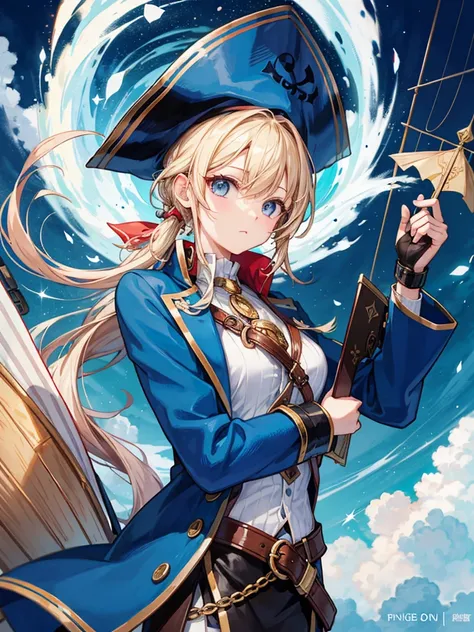 （（（masterpiece、Highest image quality、highest quality、highly detailed unity 8ｋwallpaper）））、（（Illustration of one girl、upper body））、（（（beautiful girl）））、（fantasy、female pirate）、（blonde、short ponytail：1.2、light blue eyes）、（（（The right arm is a steampunk-style...