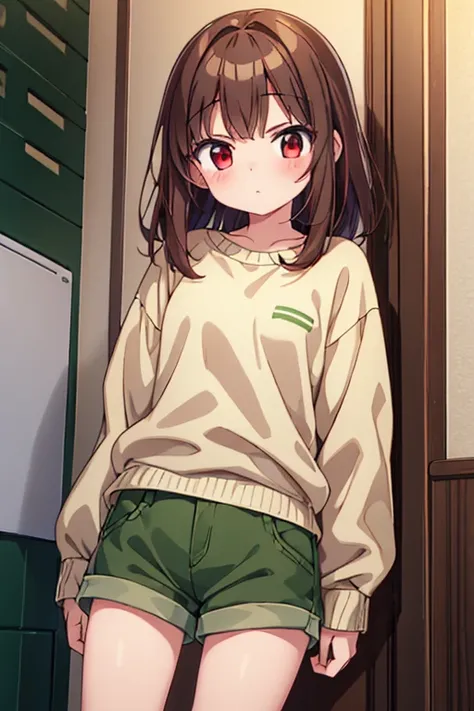 About 9 ~ 16 year old girl，red eyes，brown hair，white skin，Wear a green sweater，brown shorts，There is a blush，Two-dimensional style，Prepare to commit suicide