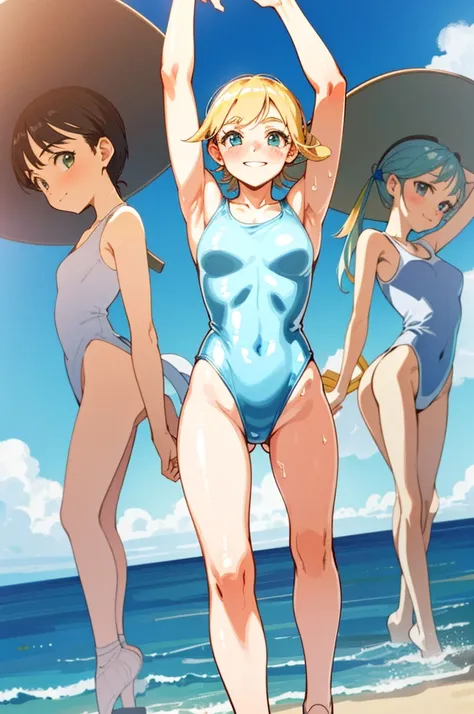 &Quote;((highest quality)), ((masterpiece)), highest quality), (((3flexible girls))), gymnast, smile, smile, Ocean, freckles, blush, look at the viewer, cloud, splash, Wave, sun, Wet , (((shiny leotard))), ((flexible))、anatomically correct