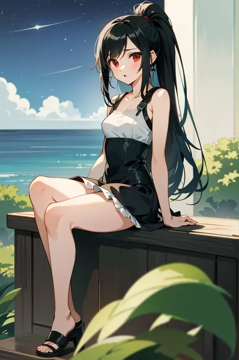 Tifa Lockhart, mksks style, (highly detailed background:1.0), (highly detailed background:1.0), final fantasy vii remake, (red eyes), 1 girl, bare shoulders, aqua dress, black hair, green one piece, No sleeve dress , sundress, Home, long hair, night, night...