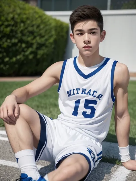 (athletic, muscular, 15-year-old, boy，cartoon character), (cute, white socks, white basketball shorts), sitting on the ground, (best quality, realistic:1.37), portrait