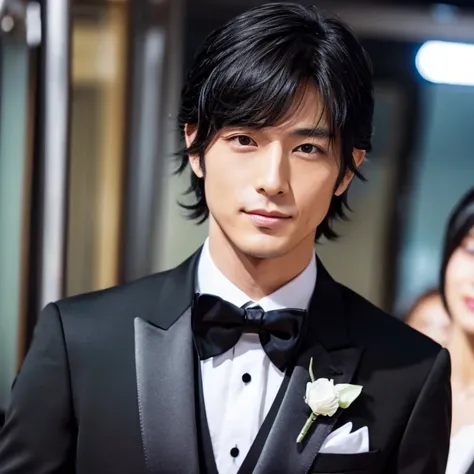 Real Japanese handsome man、black hair、Tuxedo