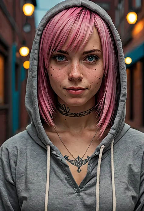 best quality, masterpiece, raw photo, photorealistic, detailed,1girl, hoodie, arm tattoo, portrait, asymmetrical bangs, bandaid,...