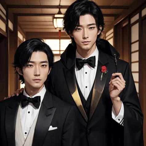 Real Japanese handsome man、double eyelids、black hair、tuxedo、cloak