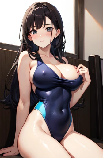 Yasushi Annagasaki々、Love Plus、(swimsuit)、big breasts、Stocky、straight hair、embarrassed face、Sit down、open the thighs、Breasts porori、Breasts come out、I can see the nipples