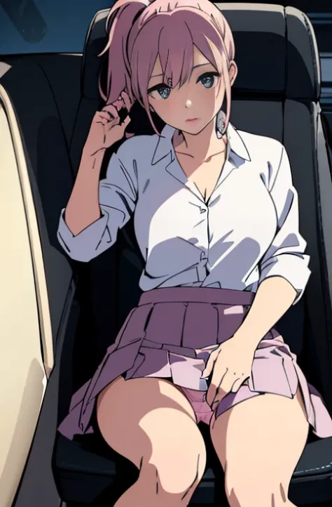 masterpiece, highest quality, Japanese,30 years old,hair band,ponytail,(Sitting in a car seat),(pink underwear),panties,realistic,office suit,(Gray suit and white shirt)(((tight mini skirt))),(beautiful eyes),thin thighs,,full body image,Lighting bright