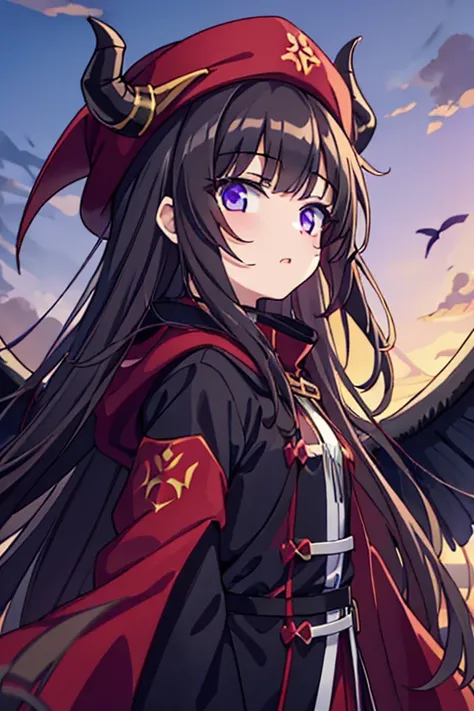 About 16 ~ 19 year old girl，purple-eyed，Long brown hair，white skin，Wear a black coat，red、Purple skirt，red、Black wizard hat，Two-dimensional style，fear，crazy，bloodthirsty，手中拿着血red色的长刀，Devil wings，Very mysterious