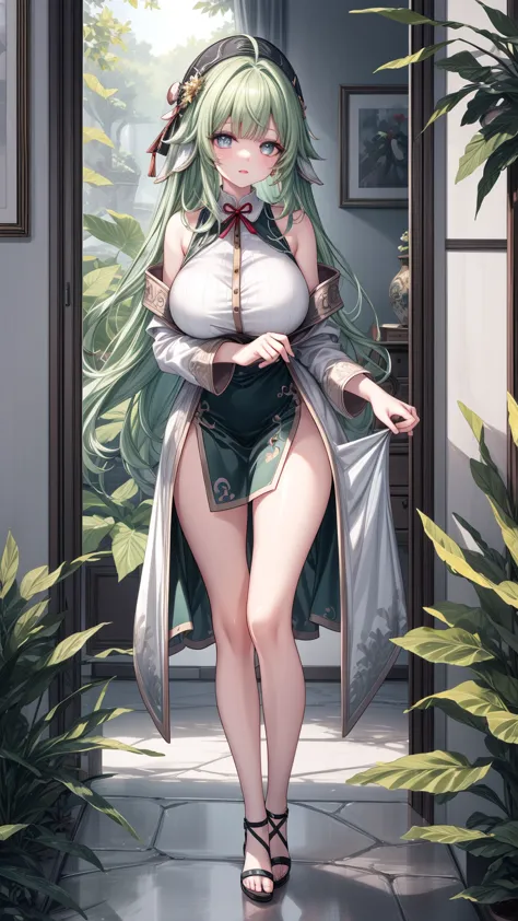 huohuo, anime female character, 
break
, huohuo, (beautiful,huge_breasts:1.3), milf,
break
, 1girl, solo, standing in the garden...