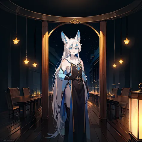 Anime character with blue eyes and white hair,male，Lovely，拟人 2D animation style, One blue ) and huge bat ears, anime cover，Starting from the night of the ark, Anime cute art style, Rhygos from Beast Star, anime style, 2D animation, his head is very long, T...