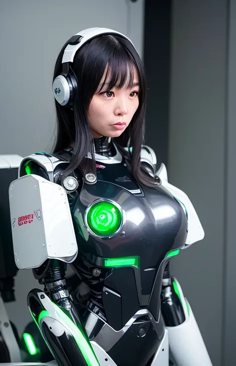 A Japanese woman in her 50s who was reborn as a combat robot。black long hair、Glamorous metal robot body in silver metallic、motor joint、metal big chest、big breasts、big breasts、antenna shaped ears、green mechanical eye、Internal machinery and wiring can be see...