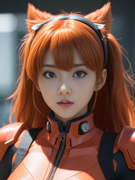 Close - up real - Live - action adaptation of a 3d character of Asuka Langley Soryu in plugsuit, charming face, NeonGenesis Evangelion cool expression