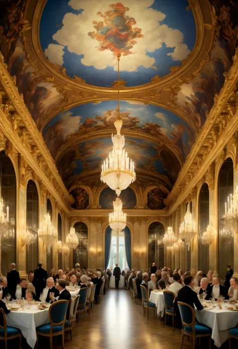 Art Deco, Palace of Versailles, Dinner, guests, delicious food, Banquets, luxury, grandeur, the 17th century, panoramic, Ultra high saturation, bright and vivid colors, by Maxfield Parrish, (best quality, masterpiece, Representative work, official art, Pro...